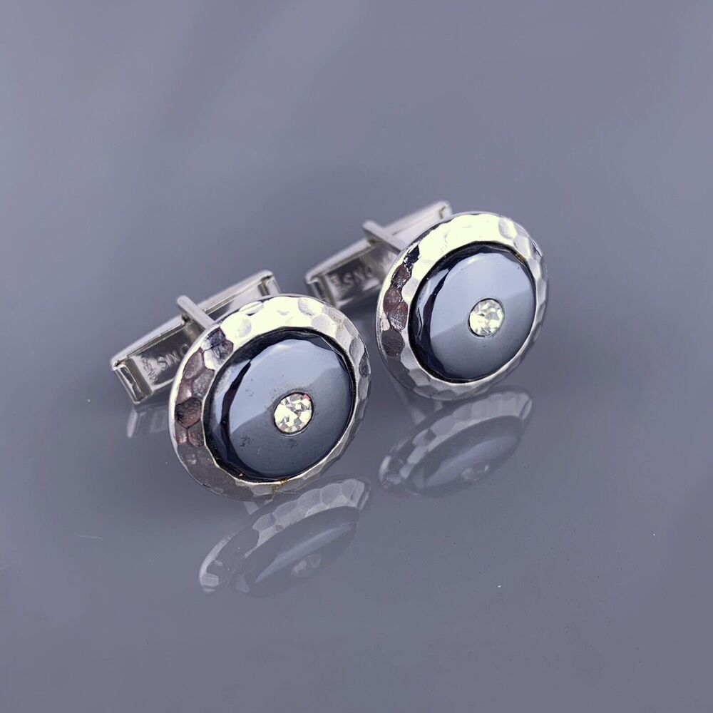 Hematite Rhinestone Silver Tone Cufflinks Hammered Edge Round Vintage